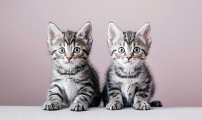 two Kittens against a gray pink background, detailed realism image. Close up cute baby cat. Greeting card, banner, poster. With free place for text. Veterinary clinic,  pet shop.