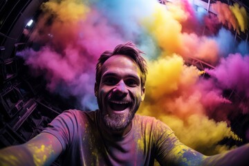 A man is smiling and taking a selfie in front of a colorful smoke cloud