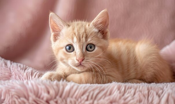 orange Kitten Exotic Shorthair lies on a pink gray background, detailed realism image. Close up cute baby cat. Greeting card, banner, poster. With free place for text. Veterinary clinic,  pet shop.