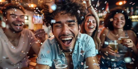 Joyful group of four friends celebrating with drinks in festive bar, vibrant mood, confetti flying, laughter and happiness evident, colorful casual attire.