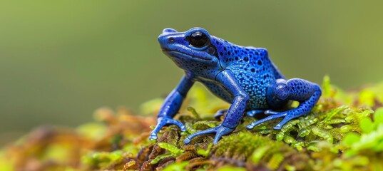 Macro shot of blue poison dart frog dendrobates tinctorius azureus on green moss