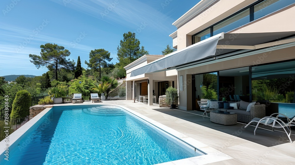 Aufkleber a big pool in summer from a terrace, the terrace is kept in the shade by a modern awning. generative