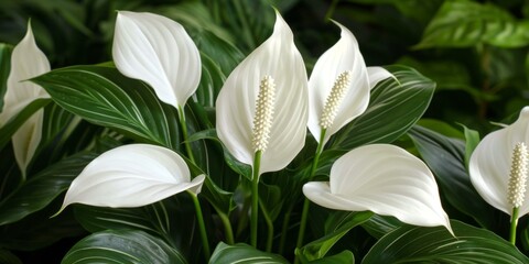 Beautiful white peace lilies thriving in lush green foliage, symbolizing tranquility, remembrance, and purity, ideal for relaxation-themed spaces.