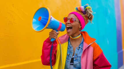 Colorful and vibrant image of one joyful woman shouting into megaphone against bright yellow background, evoking feelings of celebration and activism. Copy space.
