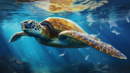 Obraz premium A sea turtle swimming in the sea with a plastic bag