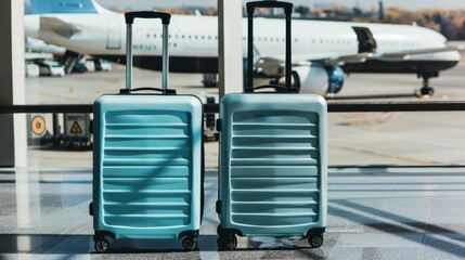 Bright blue suitcases ready for adventure at airport, travel theme, journey start, vacation excitement, two trolley bags, airplanes background, sunny day.