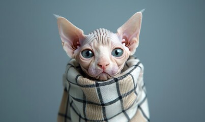 Kitten sphynx in scarf  against a blue background, detailed realism image. Close up cute baby cat. Greeting card, banner, poster. With free place for text. Veterinary clinic,  pet shop. world cat day.