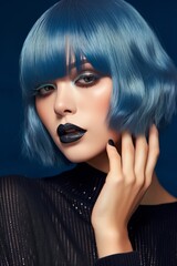 Fototapeta premium A woman with blue hair and black lipstick poses for a photo