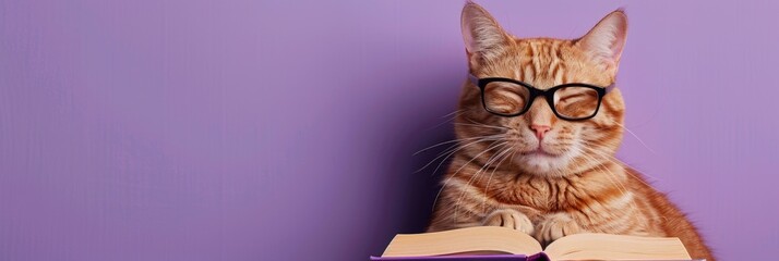Cat wearing glasses reading book