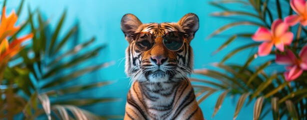 Tiger in sunglasses sits against a background of tropical flowers