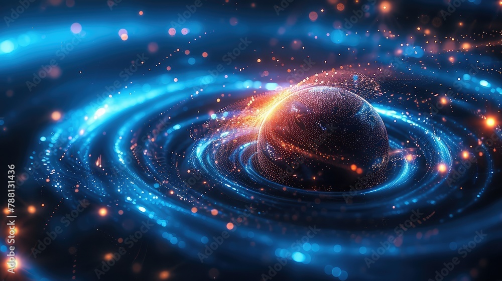 Poster 3d rendering of black holes, abstract black holes and blue spirals glowing in space, science fiction
