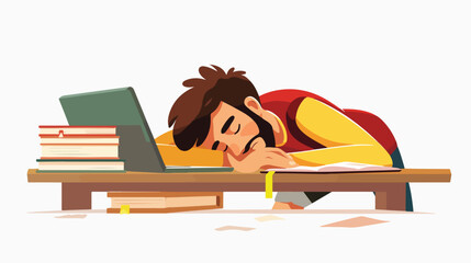 Tired student guy sleeping on table in front of laptop