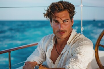 Handsome man with brown hair in a white shirt and a watch on his wrist sits on a yacht - Powered by Adobe