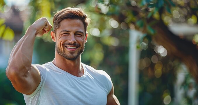 Muscular man flexing in front of tree