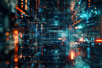close up image of a futuristic cybernetic background with an intense network of lights and connections