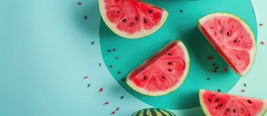 Watermelon graphics set in a modern retro color scheme are displayed against an aqua blue backdrop,...