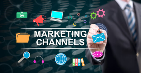 Man touching a marketing channels concept - 788131819