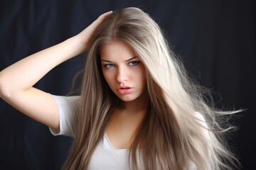 A woman with long hair is looking at the camera with a worried expression