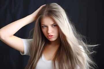 Fototapeta premium A woman with long hair is looking at the camera with a worried expression