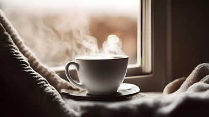 Cup of coffee on the windowsill with a warm blanket.