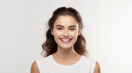 Universal photorealistic banner with a girl smiling with beautiful white teeth, close-up on a white plain background, close-up with space to insert text