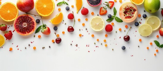 Organic fruit backdrop. Food photography of assorted fruits set against a white background with ample space for text. High-quality product image.