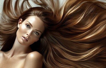 Obraz premium A woman with long brown hair and red lipstick