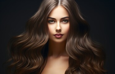 Fototapeta premium A woman with long brown hair is standing in front of a black background