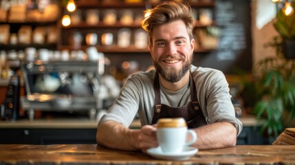 Fototapeta premium A man with a beard sitting at the counter of a coffee shop, AI