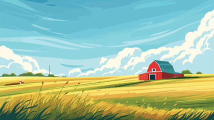 Vertical rural landscape with farm building or cottag