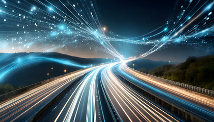 futuristic highway where data flows like streams of light, symbolizing the speed and connect. Generative AI.