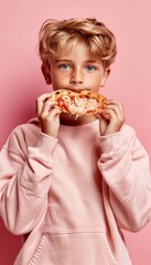 Adorable boy enjoying tasty pizza on soft colored background with space for text