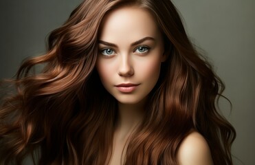 Fototapeta premium A woman with long brown hair and a bright blue eye