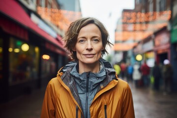 Fototapeta premium Portrait of a content woman in her 40s wearing a lightweight packable anorak in front of vibrant market street background