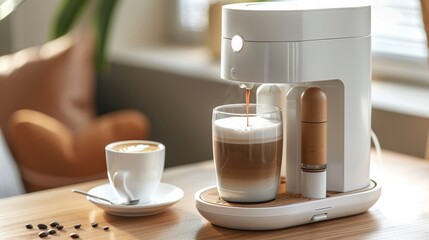 A coffee maker with a cup of hot liquid on the table, AI - obrazy, fototapety, plakaty