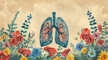  World Asthma Day. human lungs with flower art Awareness of lung cancer, pneumonia, asthma, COPD, pulmonary hypertension, world no tobacco day and eco air  - obrazy, fototapety, plakaty