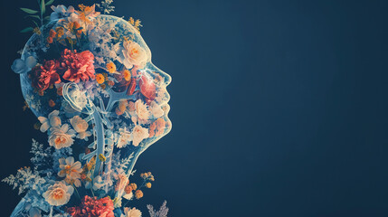  World Asthma Day. head silhouette of human made up of flowers Awareness of lung cancer, pneumonia, asthma, COPD, pulmonary hypertension, world no tobacco day and eco air  - obrazy, fototapety, plakaty