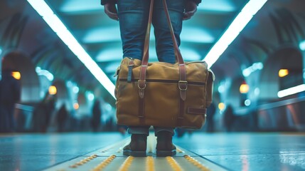 Man Carrying Brown Bag on Train Platform - obrazy, fototapety, plakaty