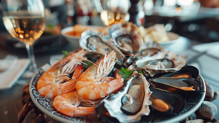 Oysters and mussels in a shell, boiled shrimp, on a decorative plate on the table in a restaurant - obrazy, fototapety, plakaty