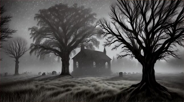 A hauntingly serene night scene of a gothic chapel surrounded by a misty graveyard, flanked by silhouetted trees under a starry sky.
