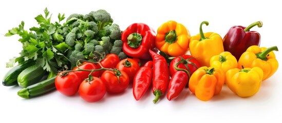 Fresh vegetables on a white background - representing a concept of healthy or vegetarian eating (with easily removable placeholder text).