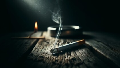 Burning Matchstick and Extinguished Cigarette on Wood
