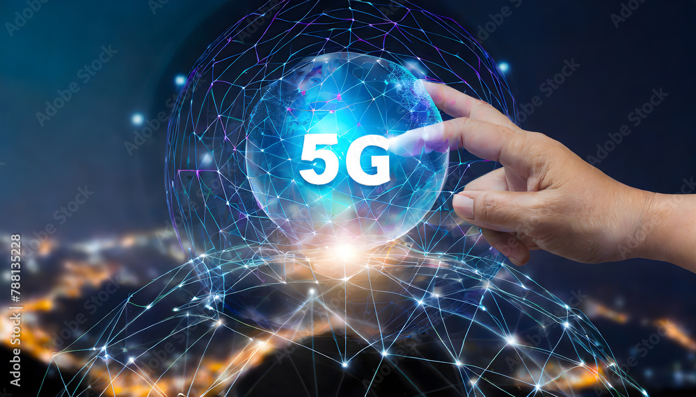 Poster hand touching telecommunication network and wireless mobile internet technology with 5g lte. generat