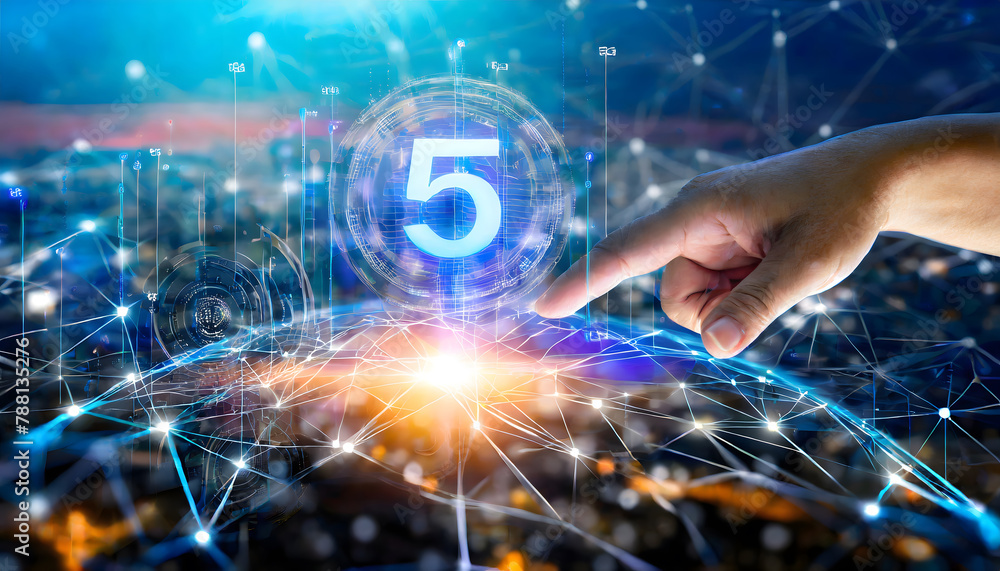 Aufkleber hand touching telecommunication network and wireless mobile internet technology with 5g lte. generat