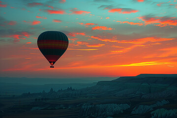 A kaleidoscopic hot air balloon hovers over Cappadocias distinctive rock formations bathed in soft dawn light