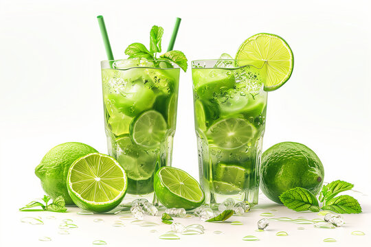 Glistening mint mojito cocktail with vibrant lime slices and straw isolated on a white background evoking refreshing summer sensations, 3d illustration