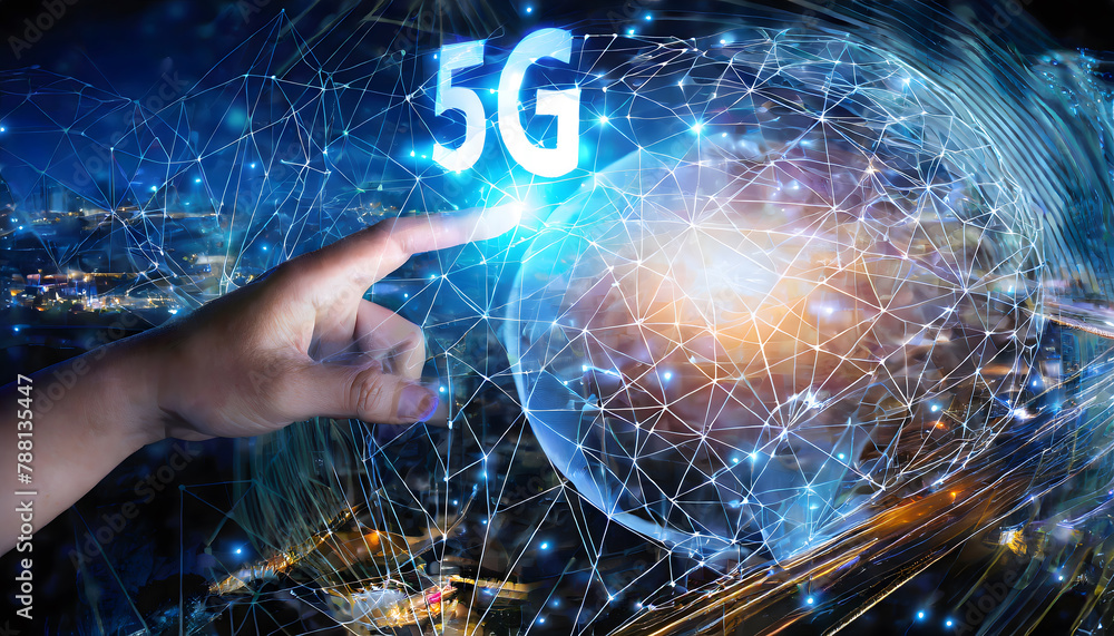 Poster hand touching telecommunication network and wireless mobile internet technology with 5g lte. generat