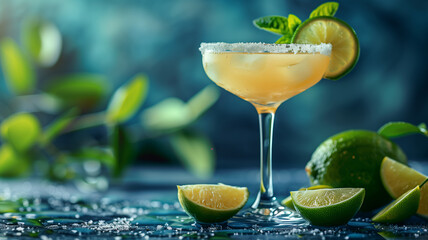 Refreshing margarita cocktail garnished with lime for Cinco de Mayo celebration, copy space