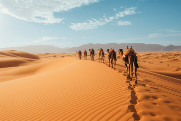 Camelcade on sand dune at desert