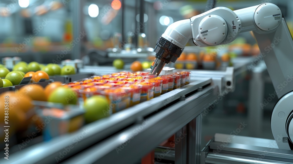 Poster A Visual Quality Inspection robot examining food packaging on conveyor belt, focusing on the robot precise movement and detailed scanning process with various food packages passing by. Generative AI.